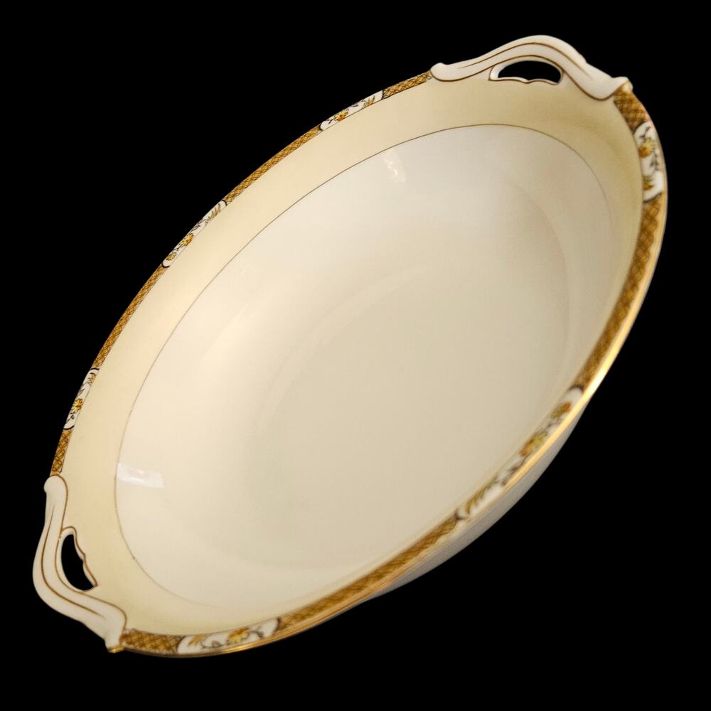 Noritake Japan Handled Serving Bowl Gold Lattice Floral Rim Vintage Porcelain